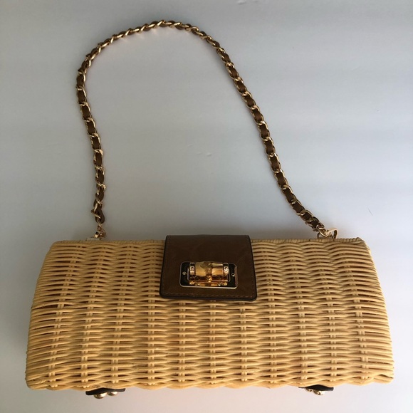 Tommy Bahama Handbags - Woven Straw Shoulder Bag with Brown Trim and Gold Chain